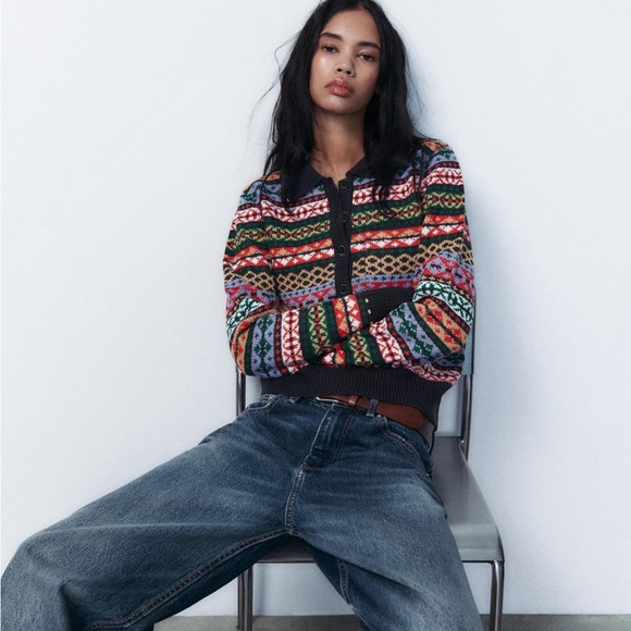 Zara Colorful Patterned Sweater, Size Large - Picture 2 of 9